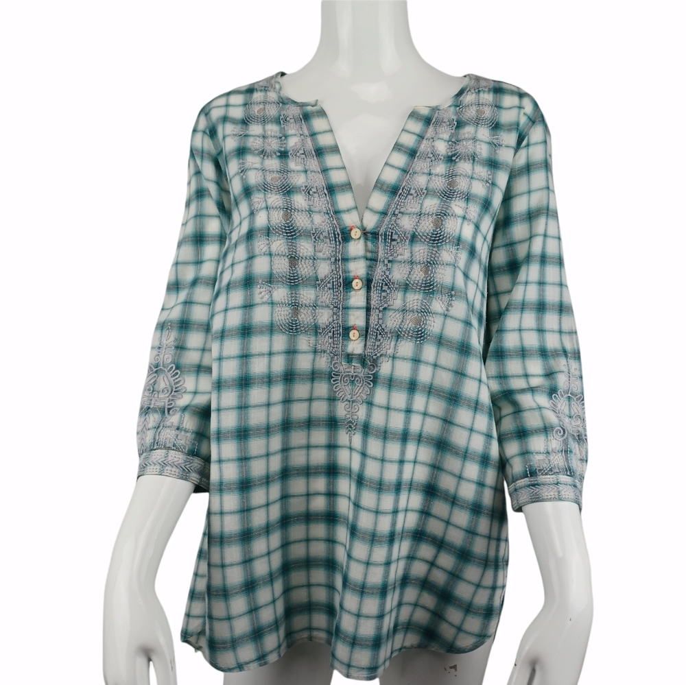 JOHNNY WAS 3J Workshop Plaid Embroidered 3/4 Sleeve Top XS